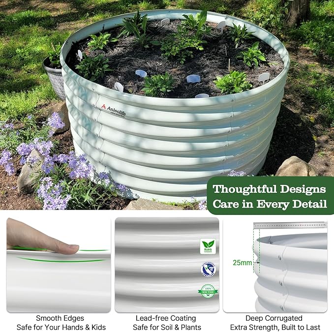 A ANLEOLIFE 6-Piece 24 Inch Tall Antique White Raised Garden Beds Kit, Oval & Round Metal Planters – Ideal for Backyard Vegetables Flowers Herbs