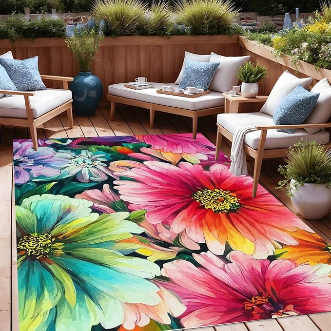 Lux Washable Outdoor Rug Farmhouse Modern Floral Pattern Red Green Area Rug for Patio Deck Porch Balcony Non Slip Romantic Backyard Garden Waterproof Carpet Cute Outside Rugs 2x3
