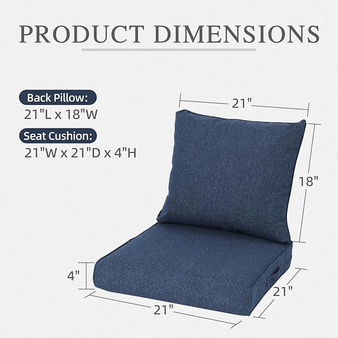Aoodor 21" x 21" Patio Deep Seat Cushion Set, Water Resistant & Fade Resistant Outdoor Furniture Cushions with Adjustable Straps for Patio, Deck, Garden, Navy Blue