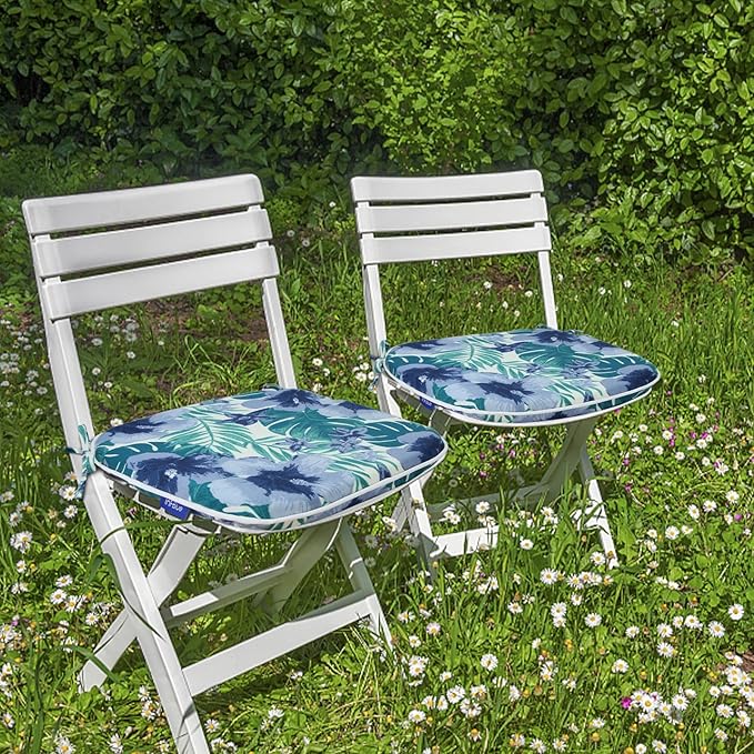 SleepMan Outdoor 17"x16" Chair Cushions with Ties Set of 2, Water Resistant All Weather U-Shape Seat Pads for Patio Garden Furniture Indoor (Set of 2, Blue Flowers)