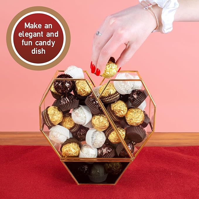 D'Eco Glass Valentine Heart Centerpiece (8x8x2.5)- Tabletop Planter Terrarium for Home Decor & Wedding Letterbox- Fill w/Succulents, Candy, Chocolates, Vday Decorations Valentine's Day Gift for Her