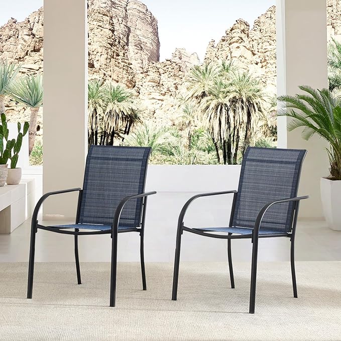 Outdoor Patio Dining Chairs Set of 2, Lightweight Stackable Patio Chairs with Curved Armrests & Wide Seat, Heavy Duty 300 lbs Capacity, Garden Chairs for Backyard, Deck, Poolside, Dark Blue