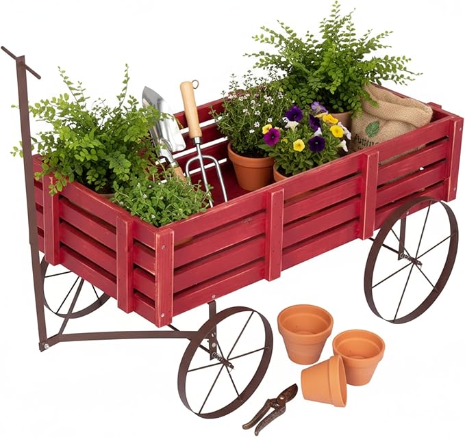 Shine Company Decorative Buckboard Wagon Garden Planter, Wooden Wagon Yard Décor for Outdoor Plants, Red