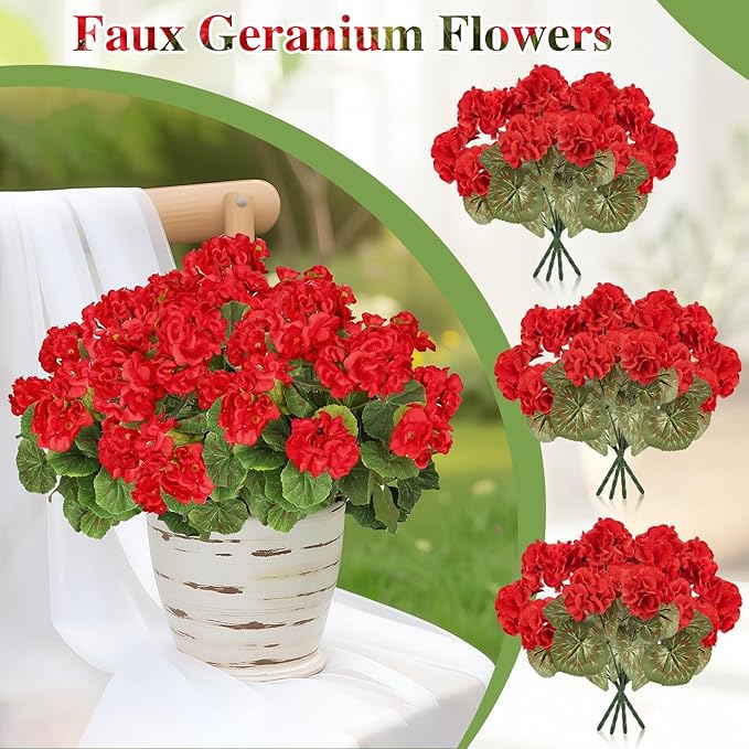 12 Pcs Artificial Geranium Flowers for Outdoors Silk Red Flower Outdoor UV Resistant Garden Plants Faux Flowers for Outdoor Planters, Front Door Garden Porch Planter Patio Balcony Yard Indoor Home