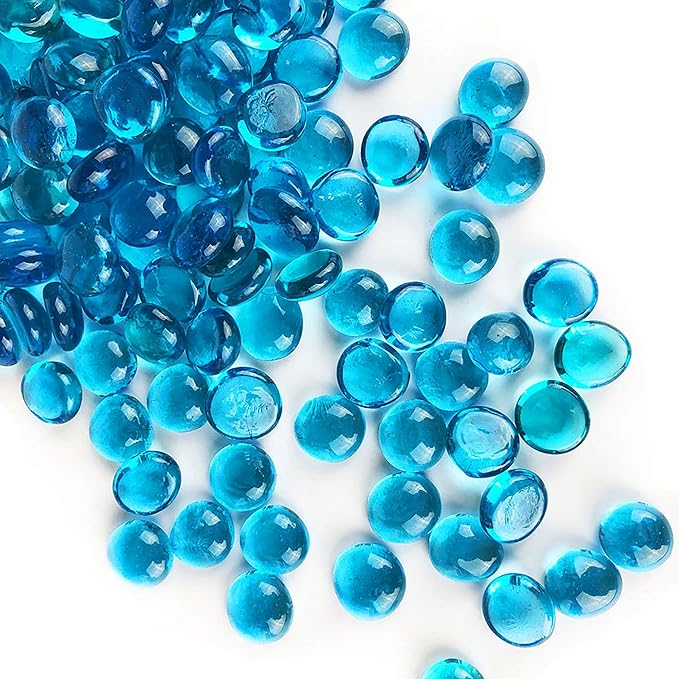 CYS EXCEL Light Blue Glass Gemstone Beads Vase Fillers (2 LBS) Flat Marble Beads Multiple Color Choices Aquarium Decor Rocks Floral Stones Decorative Mosaic Glass Gem Pebbles