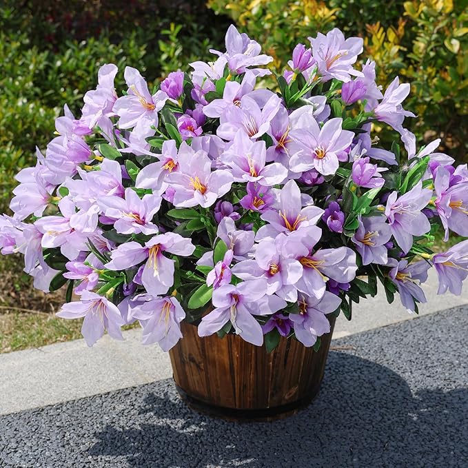 INSPRING Artificial Fake Flowers for Outdoors Spring Summer Decor, Faux Azalea Plants 3 Bundles Silk Flowers UV Resistant Realistic Outdoor Flower for Planters Porch Patio Garden Window Walkways Home