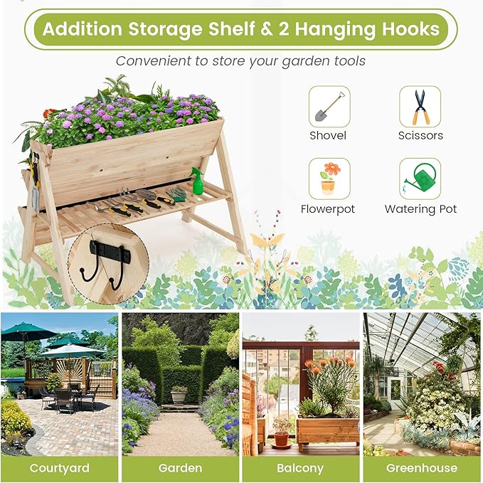 S AFSTAR 3-Tier Vertical Garden Bed, Wooden Elevated Planter Bed with Legs, Storage Shelf, 2 Hooks, Raised Bed Kit for Flower Vegetable Herb, Outdoor Plant Box Stand for Yard Garden & Balcony