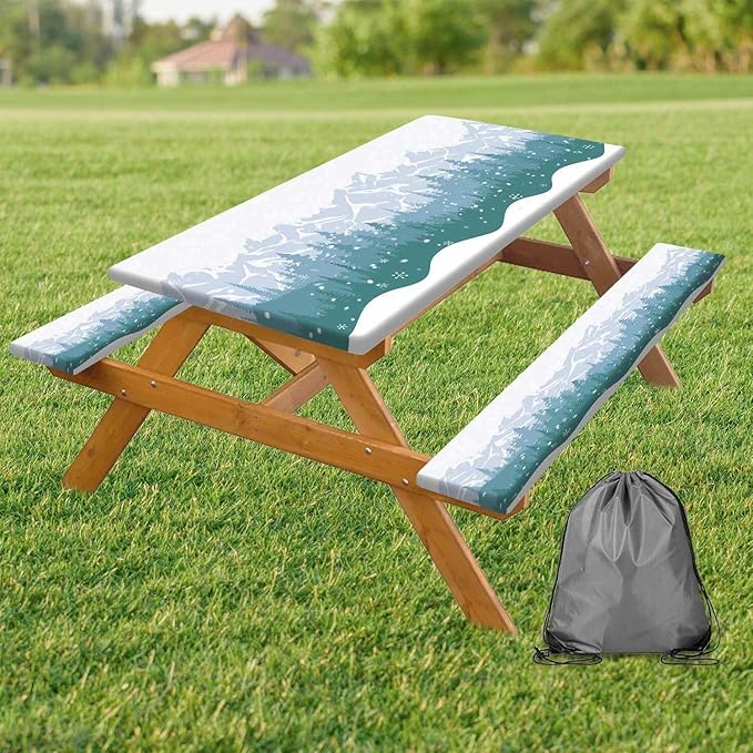 Picnic Table Cover with Bench Covers Waterproof Windproof Camping Tablecloth with Drawstring Bag, Outdoor Patio Camping Essentials, 96 Inch 3PCS, Green Blue