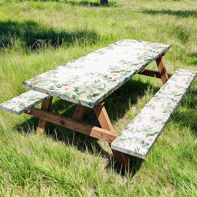 Picnic Table Cover with Bench Covers and Bag, Outdoor Waterproof Windproof Tablecloth with Elastic Edges, Camping Accessories RV Gear Campers 60x30 Inches 3 Pcs Set, Sage Green Eucalyptus Leaves