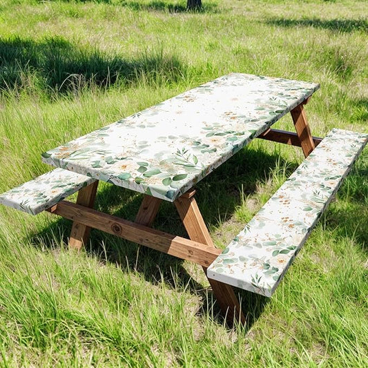 Picnic Table Cover with Bench Covers and Bag, Outdoor Waterproof Windproof Tablecloth with Elastic Edges, Camping Accessories RV Gear Campers 60x30 Inches 3 Pcs Set, Sage Green Eucalyptus Leaves