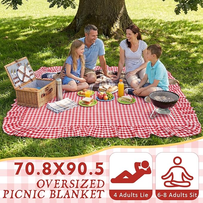 2-in-1 Extra Large Waterproof Picnic Blanket, 71x90in Dual Layers Portable Red Gingham Ruffled Mat Giant Beach Towel Yoga Leather Accessories Outdoor Camping Hiking Music Festival Pad