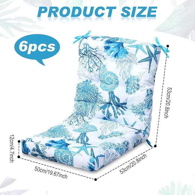 Hoteam 6 Set Outdoor Deep Seat Patio Chair Cushions Waterproof Patio Cushions Set 20 x 42 Inch for Furniture Replacement Removable Seat and Back (Ocean)