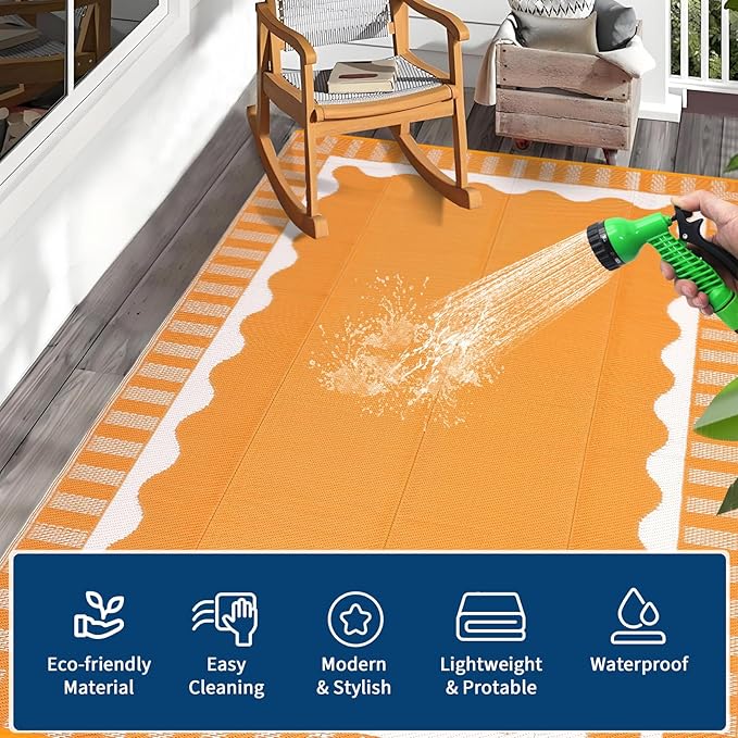 Waterproof Plastic Straw Outdoor Rug 9x18 Patio Reversible UV Resistant Foldable Camping Carpet Scalloped Border Large Outdoor Rugs for Deck, Picnic, Porch, Camper, Balcony, Beach，Orange
