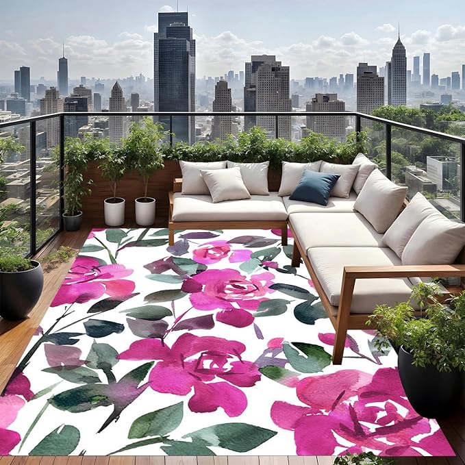 Floral Textured Modern Farmhouse Waterproof Outdoor Area Rug for Patio Deck Porch Balcony Ultra Pink White Garden Washable Outside Large Carpet Home Entrance Hallway Non Slip Mat 8x10