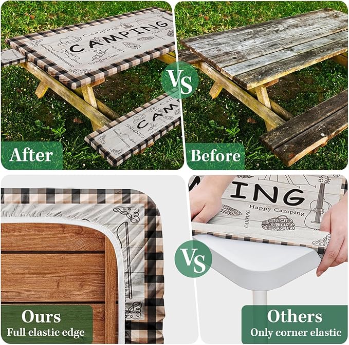 Picnic Table Cover with Bench Covers Elastic Edges, Green Camper Fitted Table Cover, Outdoor Patio Camping Essentials 72 Inch 3PCS, Waterproof Camping Fitted Tablecloth with Drawstring Bag