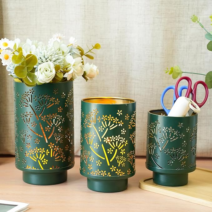 JHY DESIGN Set of 3 Metal Candle Holders 7.5“H Green Hurricane Pillar Candleholder Vintage Table Candlestick Holders Great Centerpieces for Home Decor Wedding Parties Events