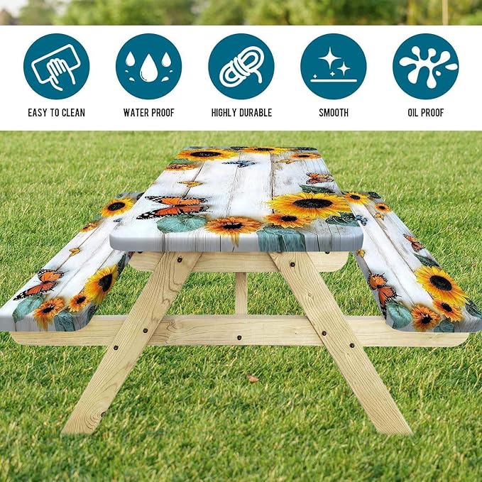 Picnic Table Cover with Bench Cover, Outdoor Patio Camping Essentials Farmhouse Sunflower Table Covers with Elastic Waterproof Camping Tablecloth with Drawstring Bag, 96In 3PCS