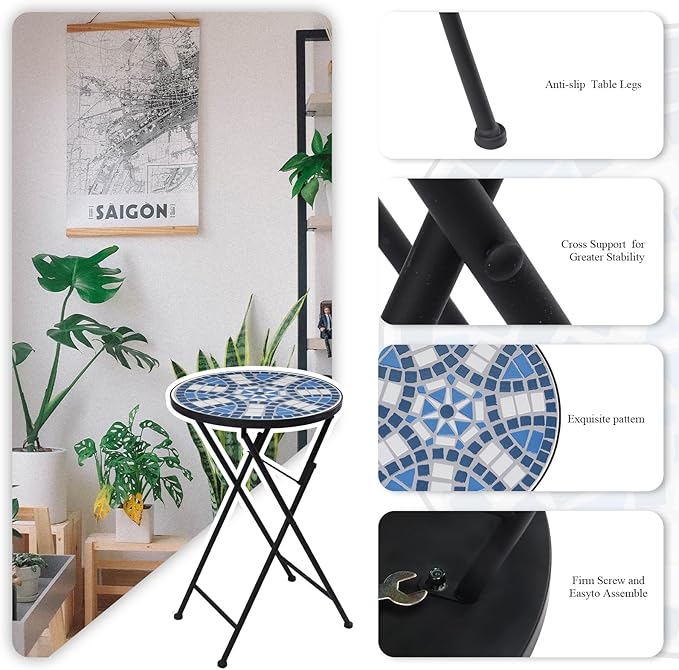 VCUTEKA Mosaic Outdoor Side Table, Patio Side Tables with 14" Ceramic Tile Top for Outside, Indoor Accent Table for Yard, Garden, Living Room, Bistro Balcony or Lawn