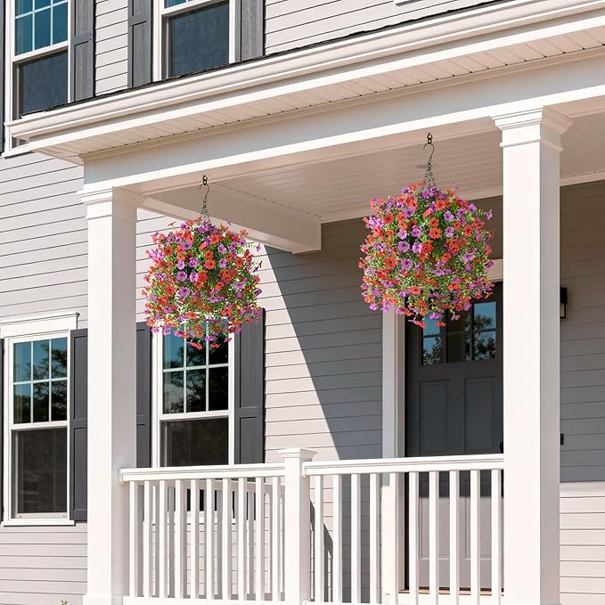 Artificial Hanging Flowers for Outdoors Spring Decoration, 2PCS Silk Fake Daisy Realistic Fake Outdoor Flowers UV Resistant Porch Patio Window Yard Decor(Purple Red)