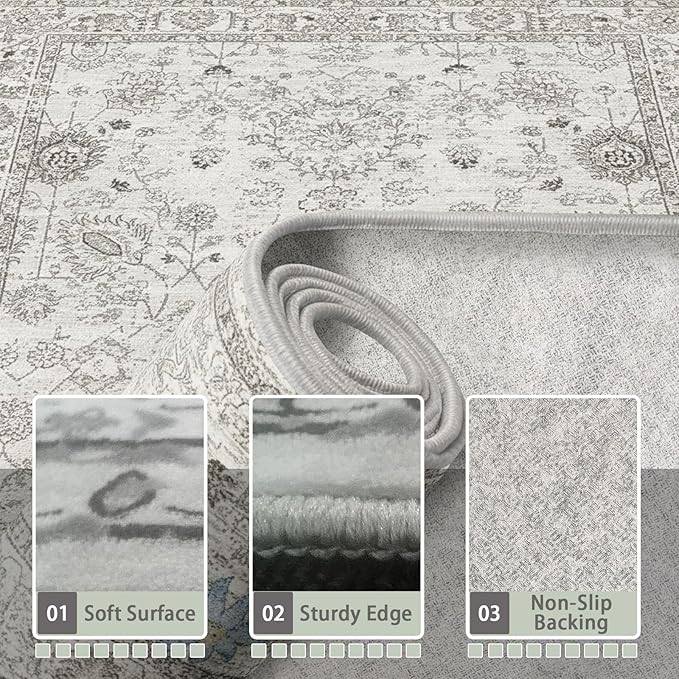 Grey Rug for Hallways Kitchen Rug 2x6, Non Slip Washable Rugs with Rubber Backing Soft Floral Carpet Runner for Hallways, Kitchen, Laundry, Bedroom, Bathroom (Grey, 2 x 6)