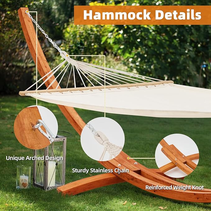 ECOTOUGE 14 FT Hammock with Stand for Outside, 2 Person Heavy Duty Wooden Hammock Stand, Large Hammock Bed for Porch, Patio, Balcony, Garden, Backyard, White-Yellow