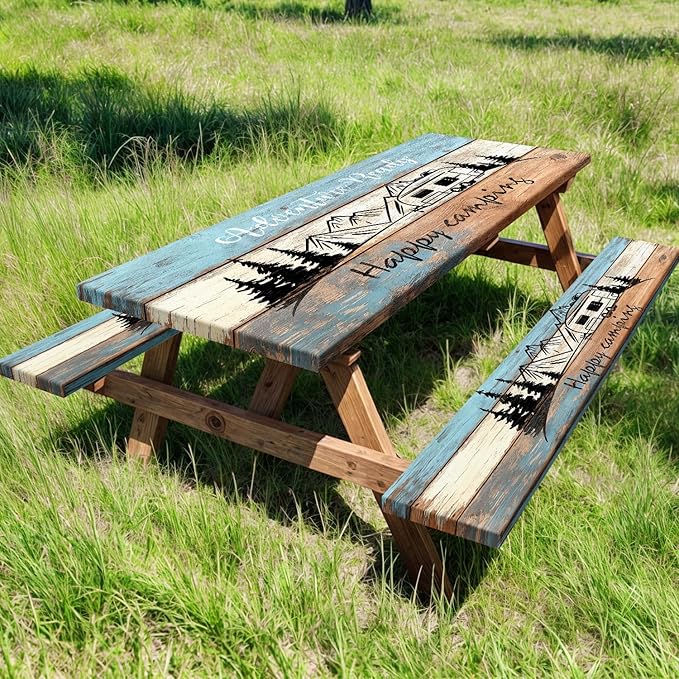 3PCS Picnic Table Cover with Bench Cover Wooden Happy Camping Tablecloth Fitted Picnic Picnic Table Cover with Elastic Windproof Waterproof, Outdoor & Garden Camping Accessories Essentials 96IN