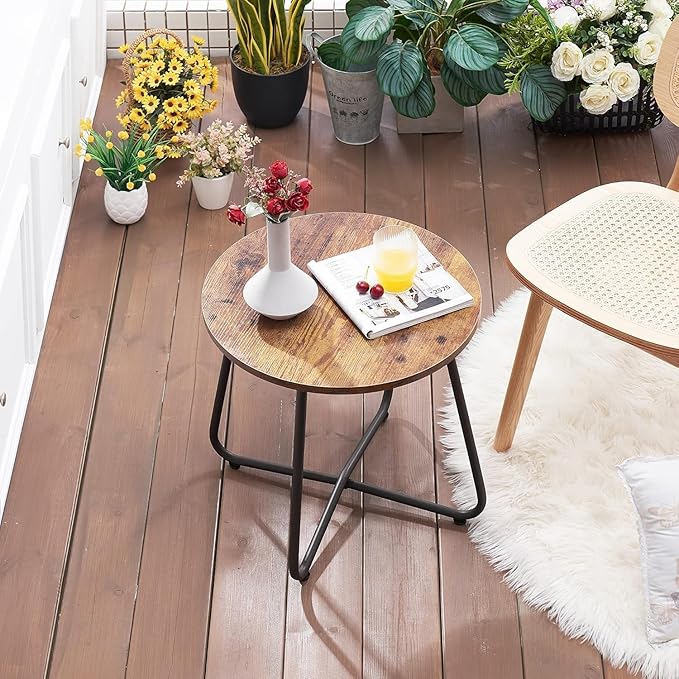 VECELO 17.7 inch Small Round Outdoor Side Table,Patio End Table,Waterproof Wood Table with Weather Resistant Steel Adjustable Feet for Living Room Bedroom Garden Yard Balcony Porch Poolside
