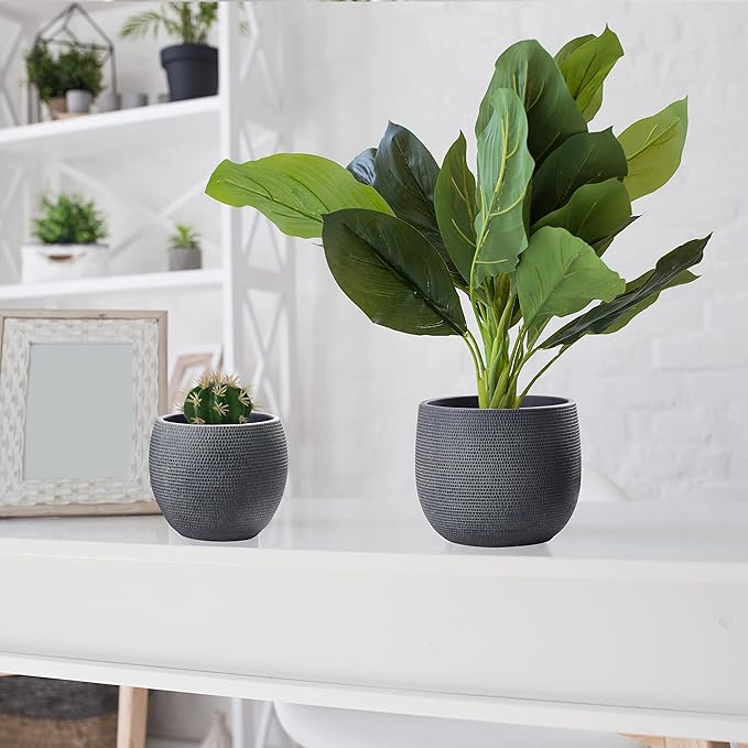 Olly & Rose Barcelona Ceramic Plant Pot Set 2 - Black Flower Pots 7" and 5.5" - Indoor & Outdoor Planters (Black)