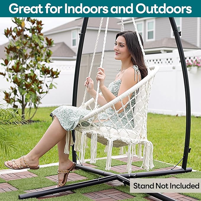 JoyView Macrame Hammock Chair Hanging Swing Chair Max 330 Lbs with 2 Cushions and Hardware Kits for Indoor Outdoor Bedroom Patio Garden - Dark Grey