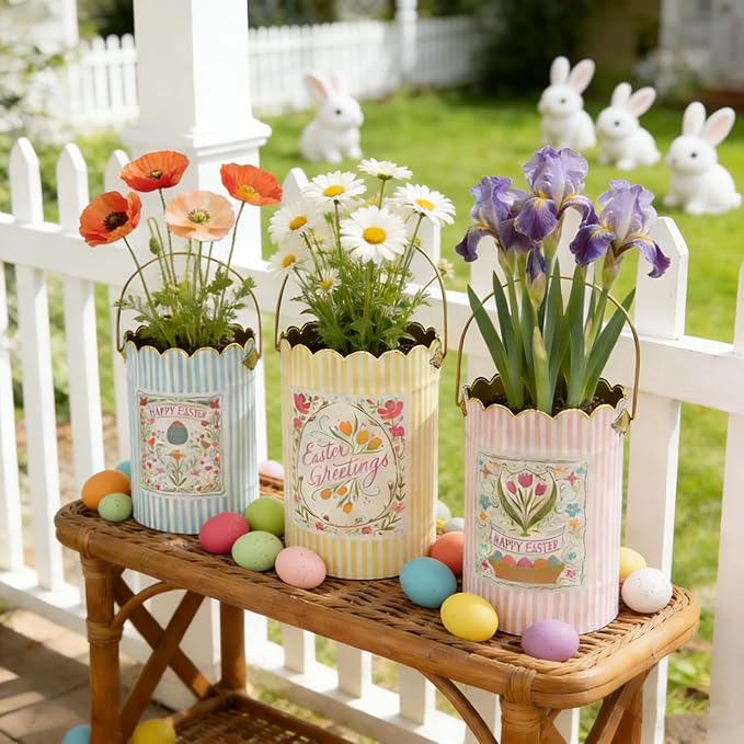 Set of 3 Vintage Floral Metal Bucket, Multi-Size Planters for Flowers & Easter Egg Containers, Rustic Garden & Home Decor