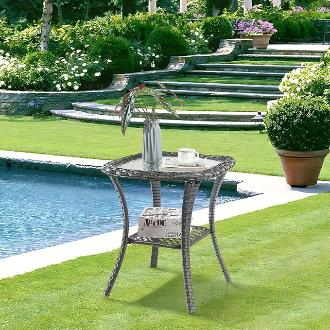 Patio Side Table Glass Wicker Table Outdoor PE Rattan Side Table with Storage Shelf Square Sidetable for Patio Garden Poolside Deck Balcony Porch Yard, Grey