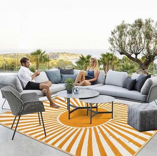Anidaroel Outdoor Area Rugs 9x12ft Waterproof Clearance, Reversible Camping Rugs for Outside RV, Outdoor Plastic Straw Patio Rugs for Camping, Trailer, Backyard, Pool Deck, Picnic(Orange,9‘x12')