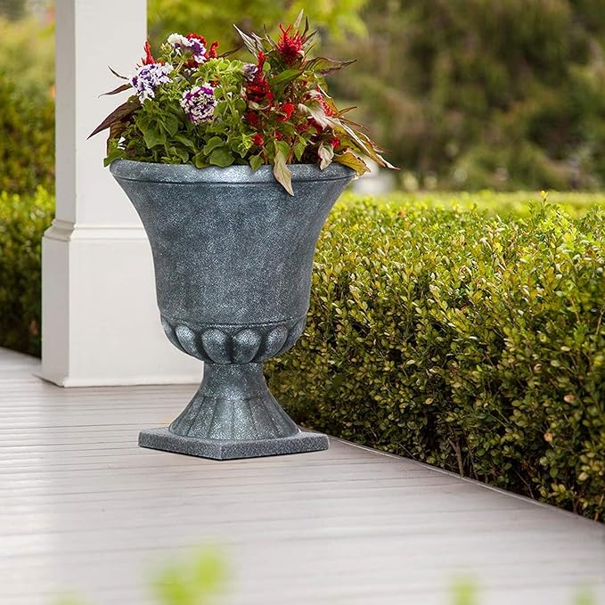 Southern Patio Winston 16 Inch x 21 Inch Urn Plastic Decorative Outdoor Planter Pot for Porch, Patio, or Garden with Removable Base, Matte Black