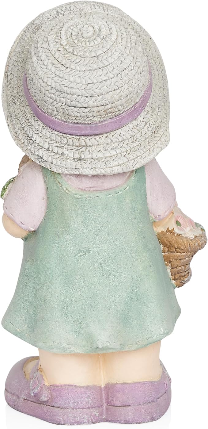 Alpine Corporation QWR1456 Indoor/Outdoor Little Girl with Flower Basket Garden Statue, Playful Child Statue for Yard, 15" H, Green