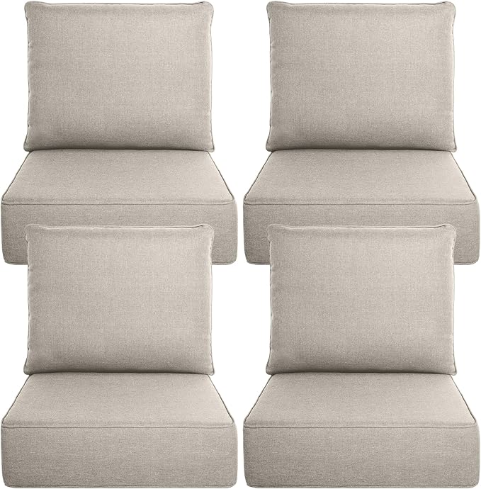 Belord Luxury 6" Thick Outdoor Cushion 4 Set - 22 x24 Inch 28D Sponge Filling Fade-Resistant Chair Cushion, Spill Proof Removable Patio Furniture Replacement Cushion for Sofa Bench Swing - Beige