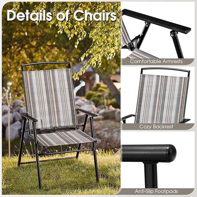 Giantex Patio Chairs Set of 2, Outdoor Folding Chairs with Armrests, Metal Frame, Outside Foldable Dining Chairs for Lawn Deck Porch Beach Yard (Stripe Pattern)