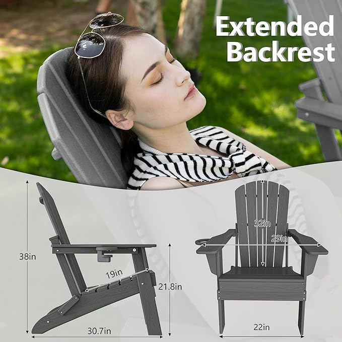 Plawdlik Folding Adirondack Chair Set of 6 with Cup Holder，Wooden Textured ，Heavy All-Weather HDPE Comfortable Set Poolside Backyard Lawn, Gray