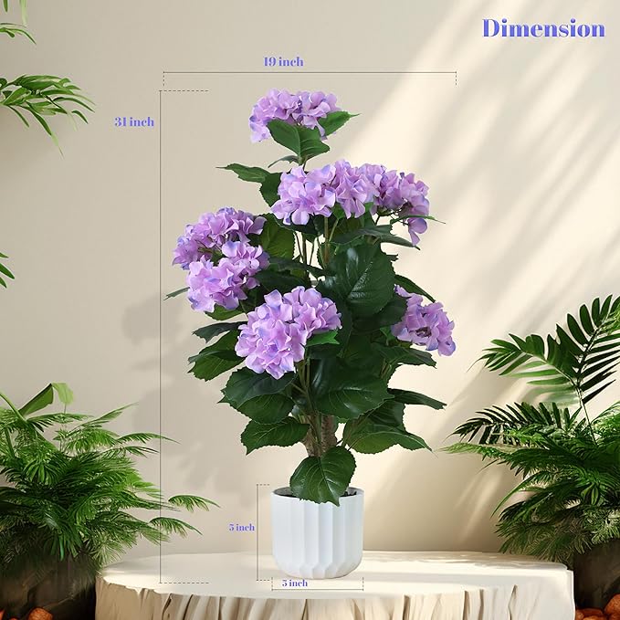 31inch Artificial Purple Hydrangea Flowers Potted Plant for Indoor & Outdoor Office Home Porch Decor, Realistic Tree with Long-Lasting Color (1, Purple)