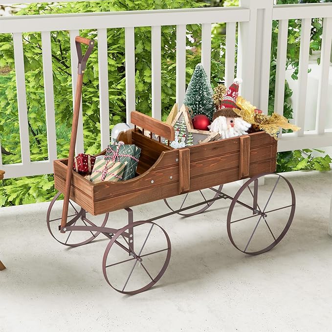 Wooden Wagon Planter, Decorative Garden Wheelbarrow Planter with 2 Planting Sections, Rolling Wheels, Adjustable Handle, Small Wagon Cart Planter Stand for Flowers Vegetables Herbs (Brown)