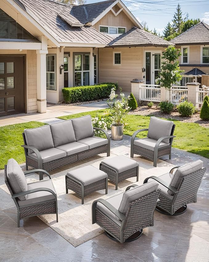 HUMMUH 7 Piece Outdoor Patio Furniture Sets-High Back Swivel Rocker Patio Chairs with Wicker Patio Couch Outdoor Conversation Furniture Set for Deck Porch Garden Poolside Backyard-Brown/Grey