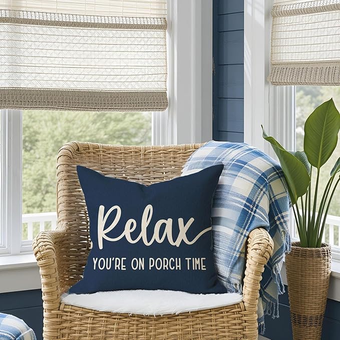 PANDICORN Decorative Throw Pillow Covers 18x18 Inch Relax Porch Time Blue Outdoor Rustic Farmhouse Decorations Pillow Decorative Throw Pillows Cases Cushion Covers for Porch Couch Sofa Decor