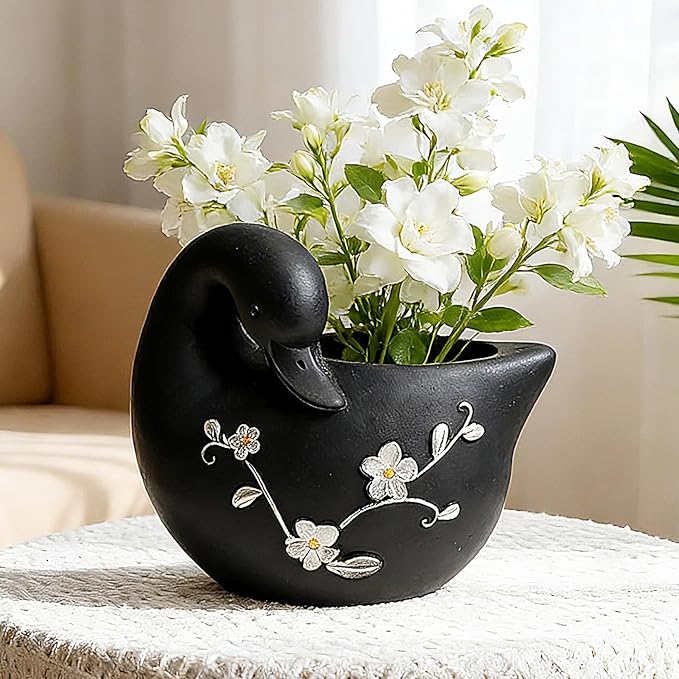 Teaeeno Decorative Garden Swan Planters Succulent Pots Indoor Unique Flower Plant Pots Cement Swan Decor Home Garden Balcony Decor (Black)