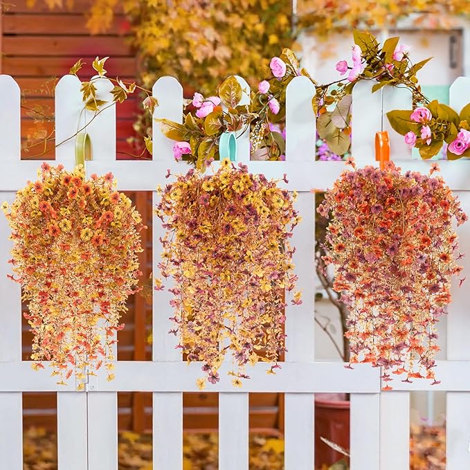 Hoteam 24 Pack Artificial Fall Hanging Flowers Plants for Outdoors Autumn 30 Inch UV Resistant Fake Plastic Faux Plants Bulk for Planter Porch Patio Yard Garden Wedding Wall Indoor