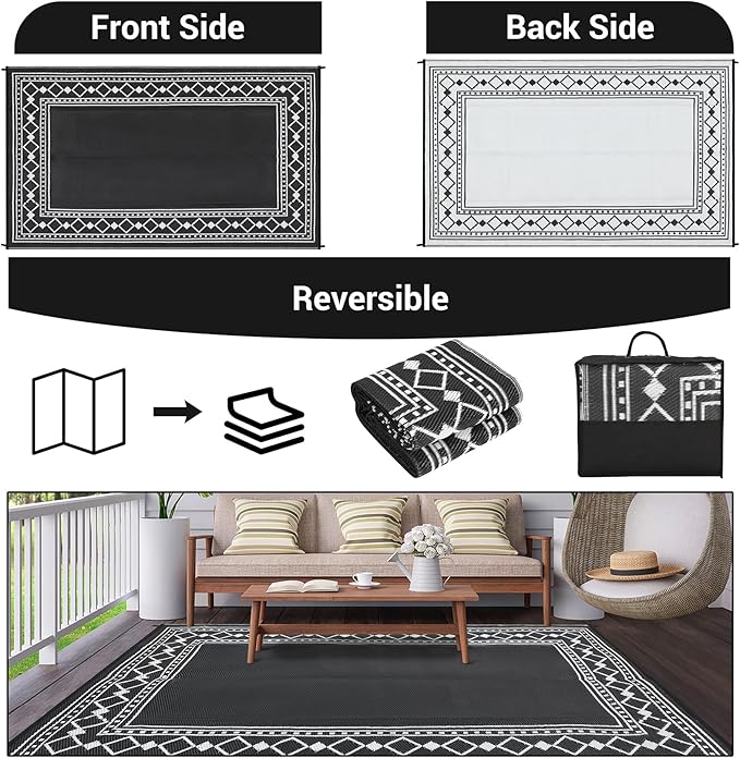 Garvee Outdoor Rug 10x14 for Patios Clearance,Waterproof Mat,Large Outside Carpet,Reversible Plastic Straw Camping Rugs,Porch,Deck,Balcony,Backyard,Black/White
