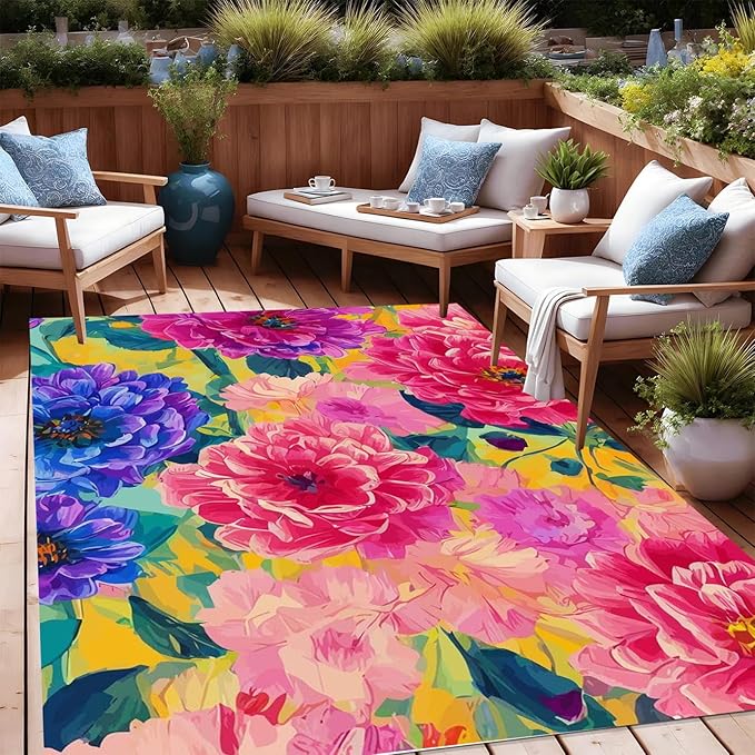 Modern Floral 6x9 Outdoor Area Rug Contemporary Aesthetic Green Purple Pink Flower Texture Rug for Balcony Patio Deck Porch Washable Reversible Garden Large Carpet Waterproof Backyard Mat