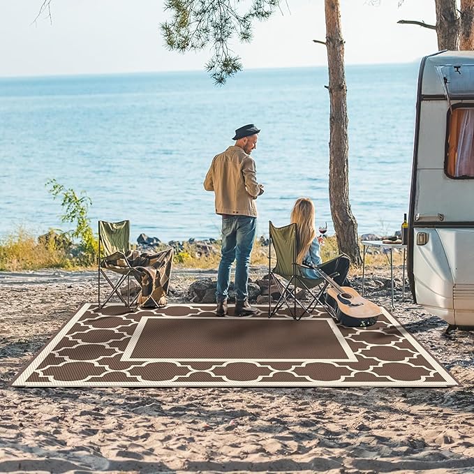 GENIMO 9' x 12' Outdoor Rug Waterproof for Patio Decor, Foldable Reversible Plastic Straw Area Rugs Mat for Camper, Outside Carpet for Rv, Deck, Porch, Picnic, Beach, Balcony, Coffee & Beige