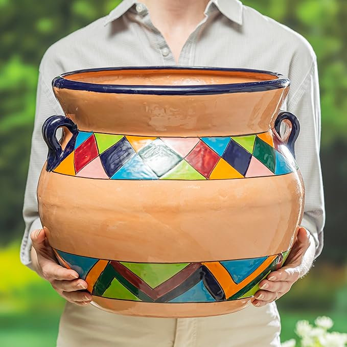 Evergreen Garden Talavera Mexican Pottery Ceramic Chata | Flower Pot Plant Succulent | Indoor Outdoor (14 in. Multicolor Striped)