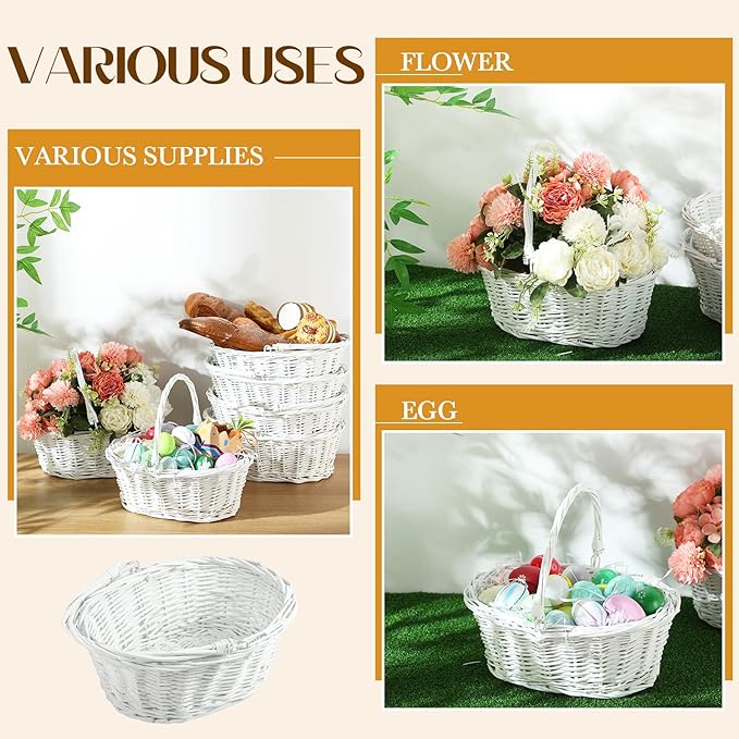 Barydat 6 Pcs Small Wicker Picnic Basket with Handle Flower Girl Baskets Oval Willow Woven Braided Gift Basket for Easter Weddings Baby Shower Home Garden Decor (White,12'' x 9'' x 5'')