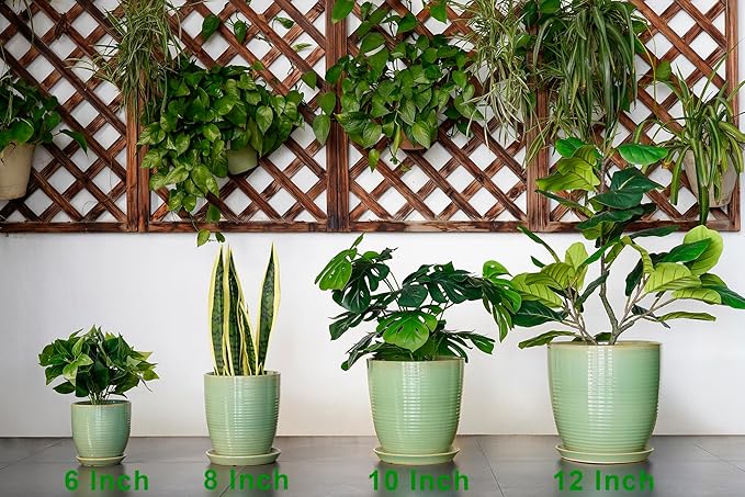 Ceramic Plant Pots - 6 Inch Ceramic Planter with Drainage Hole and Saucer, Modern Planters for Indoor Outdoor Plants, Round Flower Pots, Office House Decor, Gifts for Women Men, Bright Green