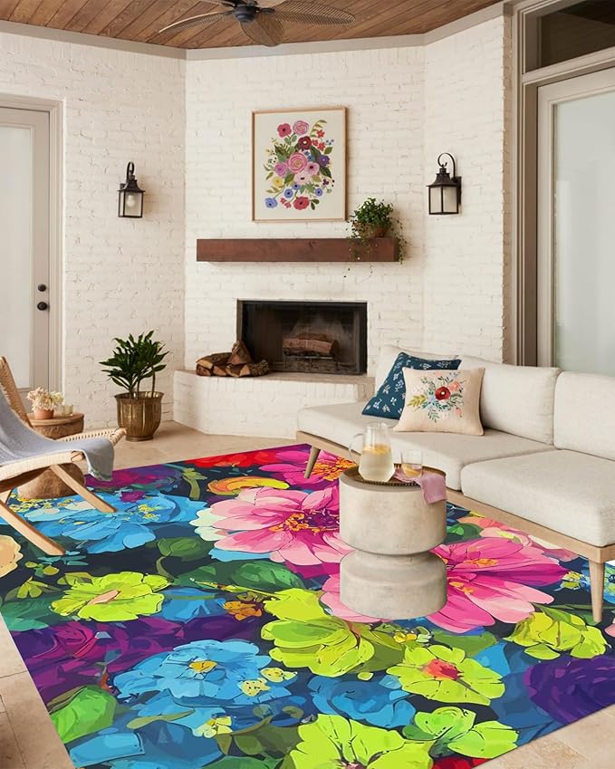 Blue Green Art Deco Floral Flower Pattern Modern Outdoor Rug 5x8 Waterproof Washable Boho Patio Deck Porch Large Area Rug Non Slip Cute Outside Carpet for Garden Camping Backyard